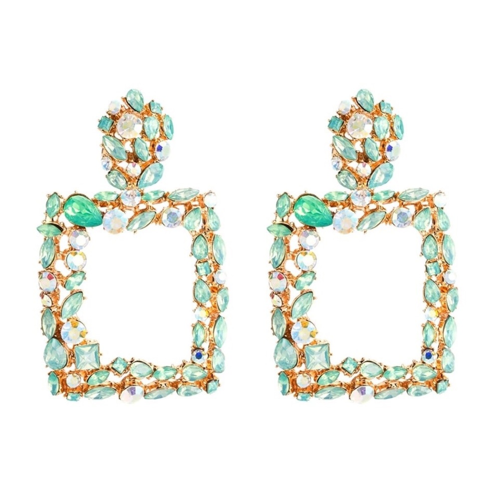 Green Rhinestone Crystal Drop Statement Earrings